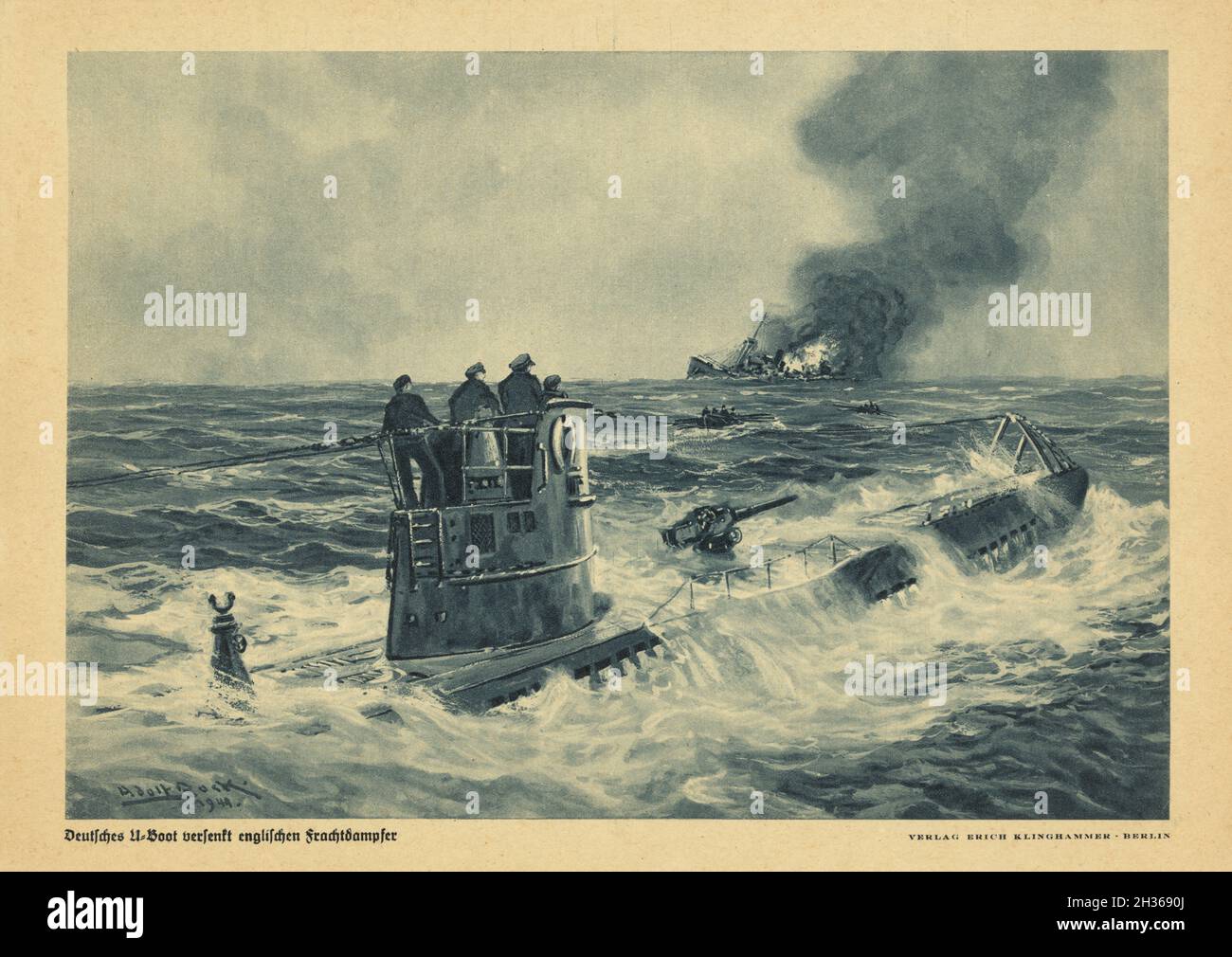 A vintage illustration circa 1941 of a British cargo ship sinking after being torpedoed by a German submarine or U-boat. Painted by Adolf Bock Stock Photo