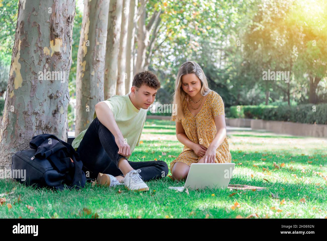 Two young college students sitting on the campus lawn studying with a laptop computer Stock Photo