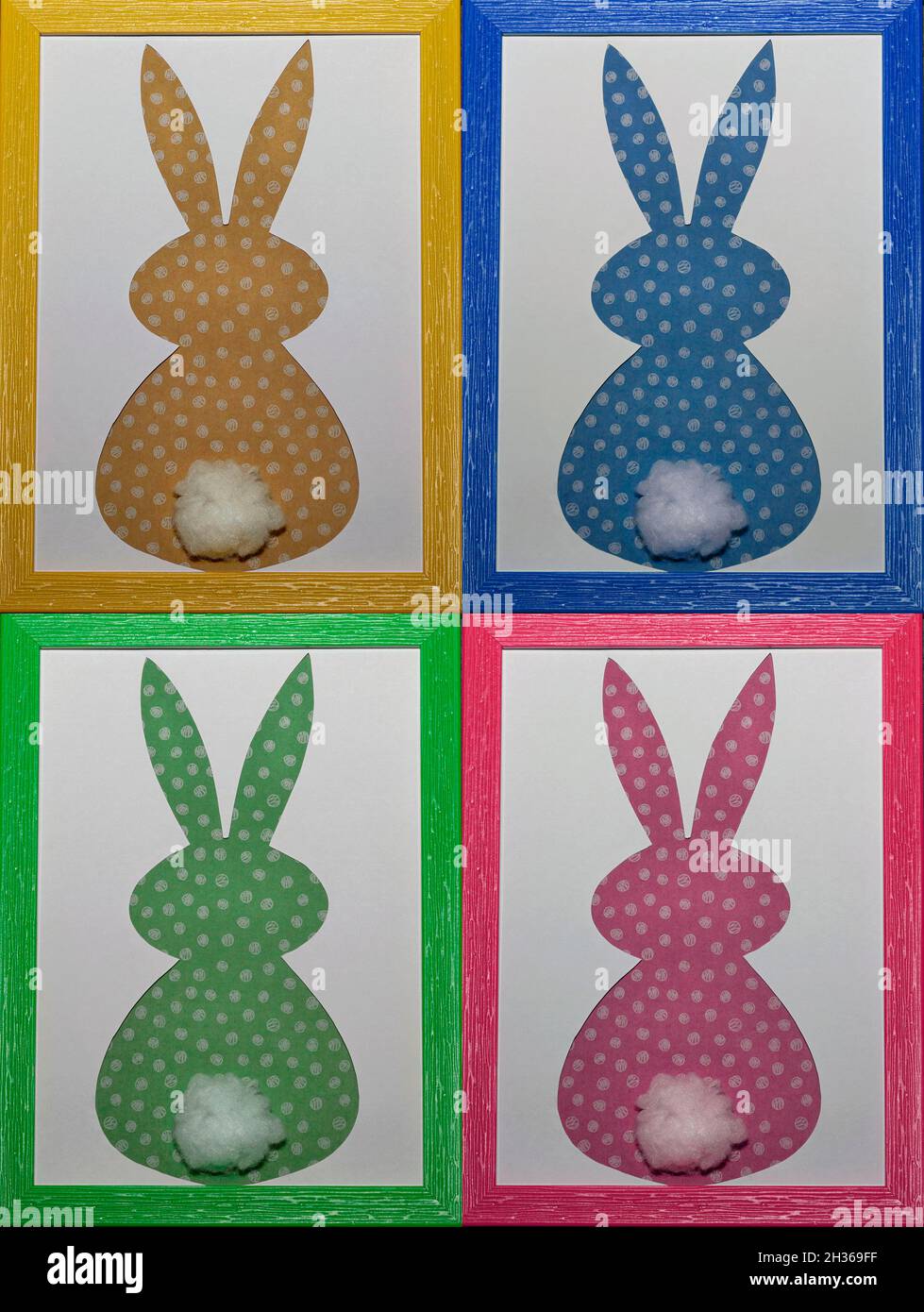 Collage 4 Easter colorful bunny craft paper applique in  colorful photo frames on a white background. Top view. Happy Easter Day concept. Banner. East Stock Photo