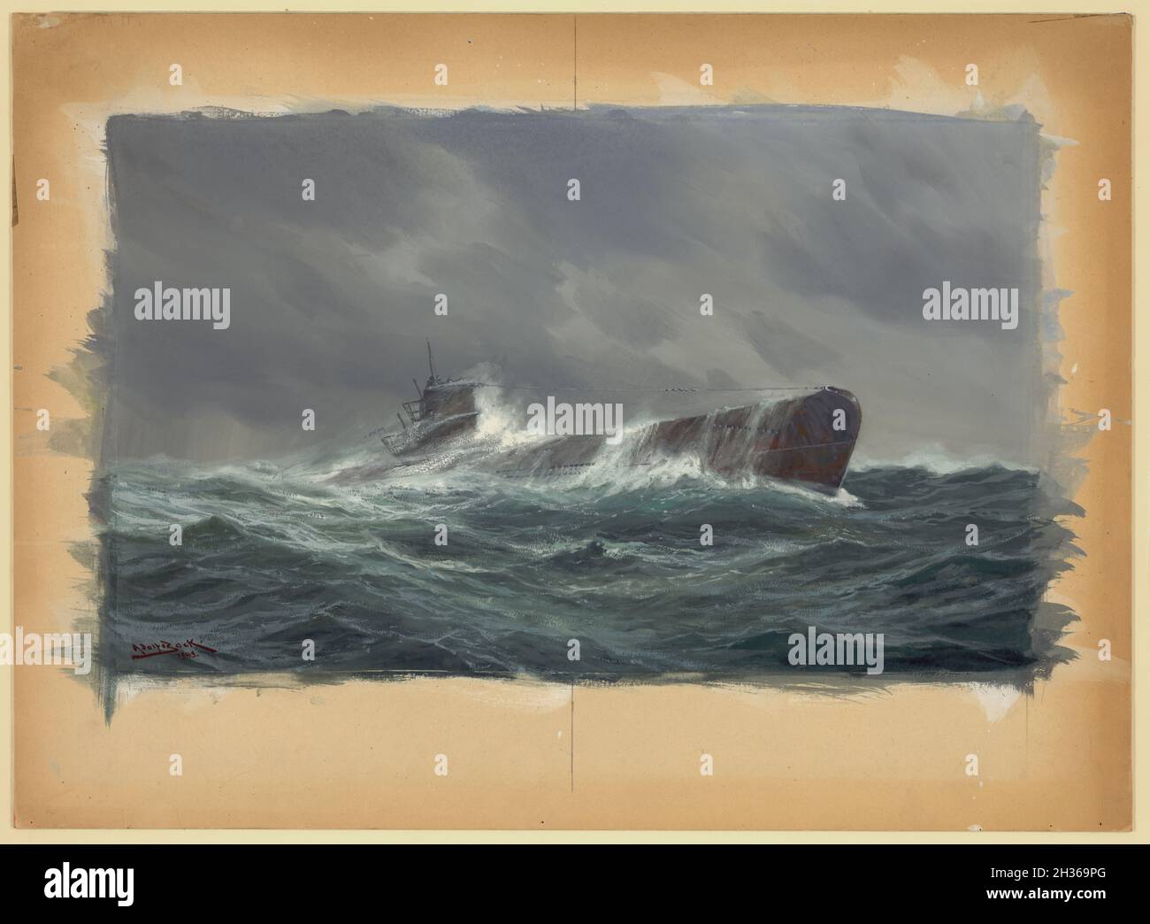 A vintage painting circa 1943 of a German submarine or U-boat in a storm in the Atlantic ocean. Painted by Adolf Bock Stock Photo