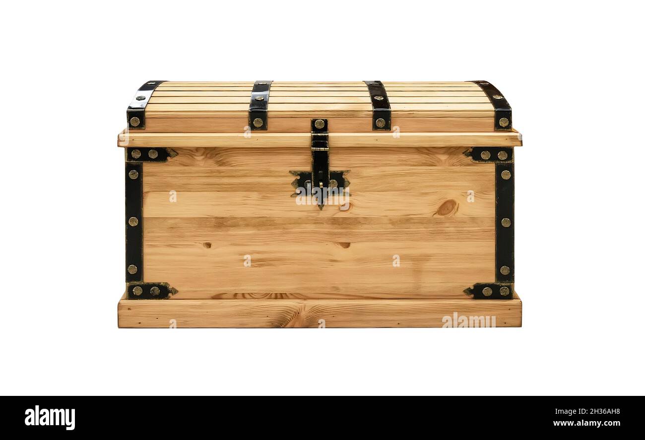 piratical vintage closed wooden chest with rivet metal handle isolated ...