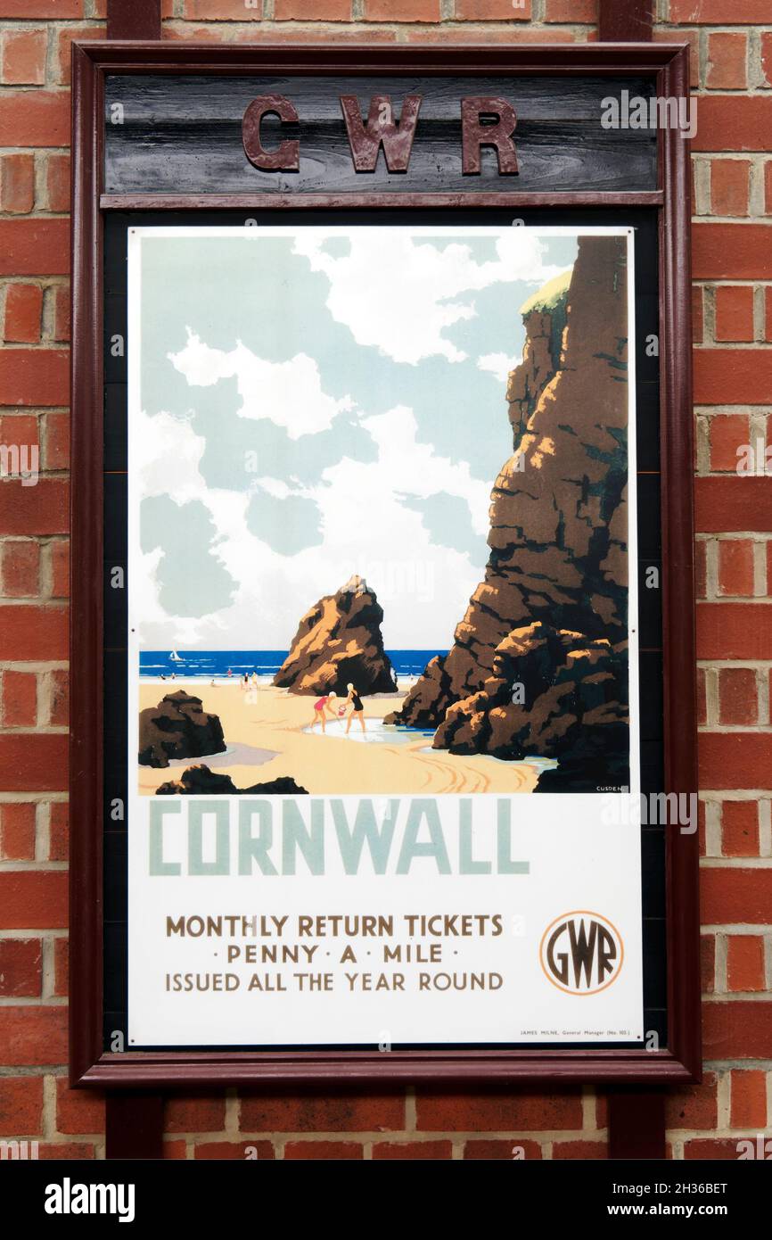 Replica Great Western Railway advertising poster from the 1930's advertising the line for summer holiday journeys to Cornwall, Stock Photo