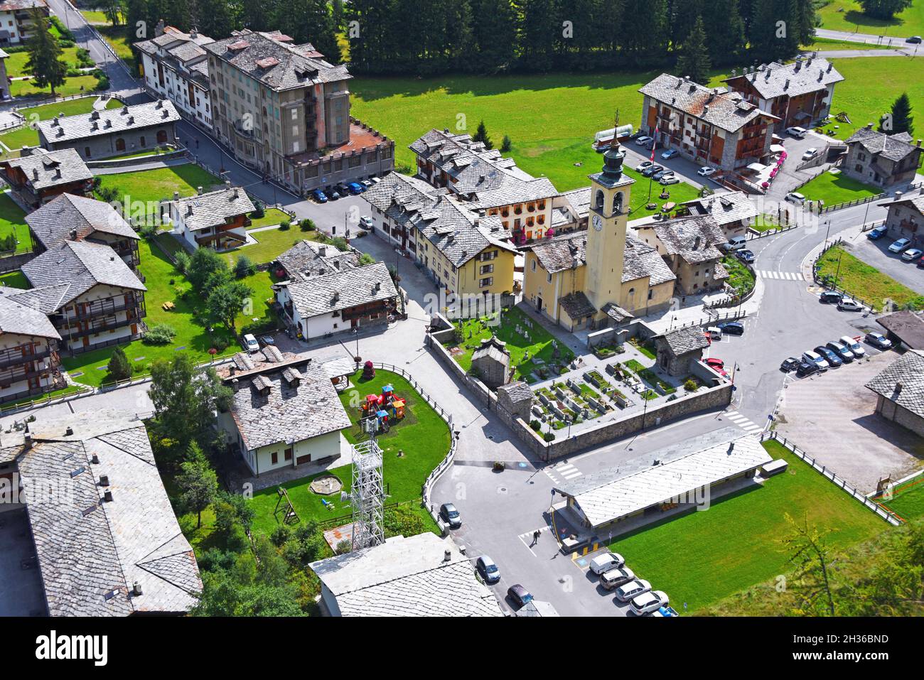 Italia, Val d' Aosta, Gressoney la Trinite, the village seen from the top of via ferrata Stock Photo