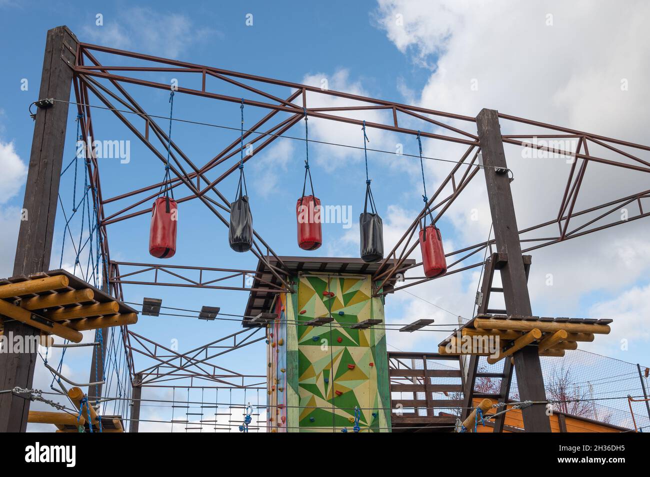 Jungle gym in playground at park. Empty wood playground. Obstacle