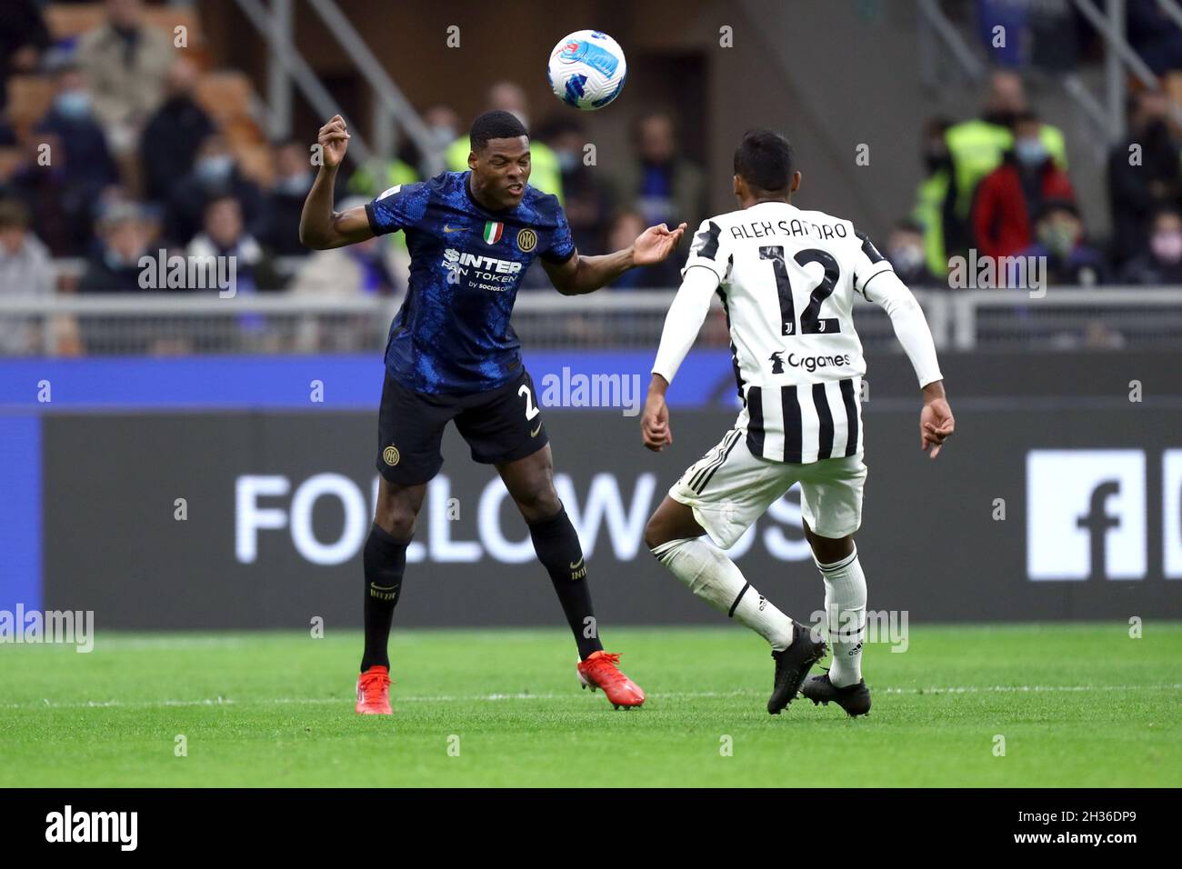 Denzel Dumfries of Fc Internazionale  controls the ball during the Serie A match between Fc Internazionale and Juventus Fc . Stock Photo