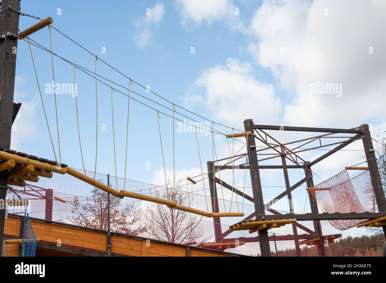 Jungle gym in playground at park. Empty wood playground. Obstacle