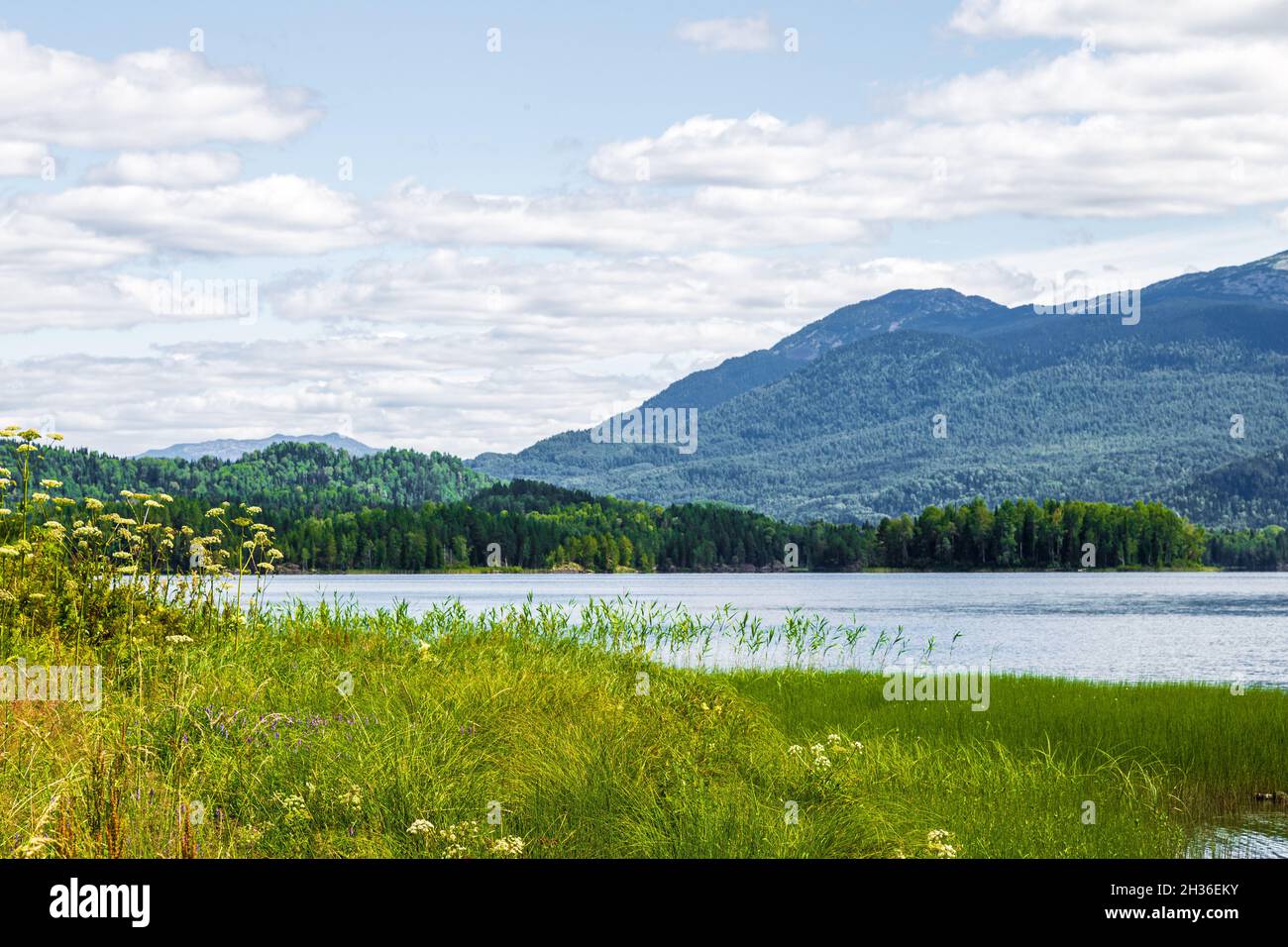 View of Mount Kizya from Lake Tagasuk. Krasnoyarsk Territory, Russia Stock Photo