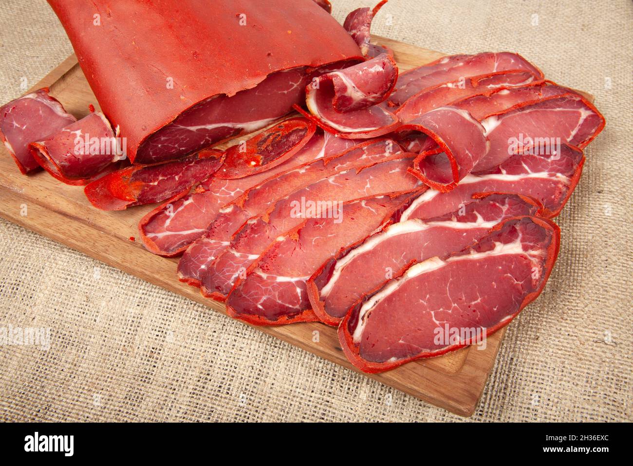 Beef pastrami sliced. Turkish bacon, pastrami ( kayseri pastirma Stock