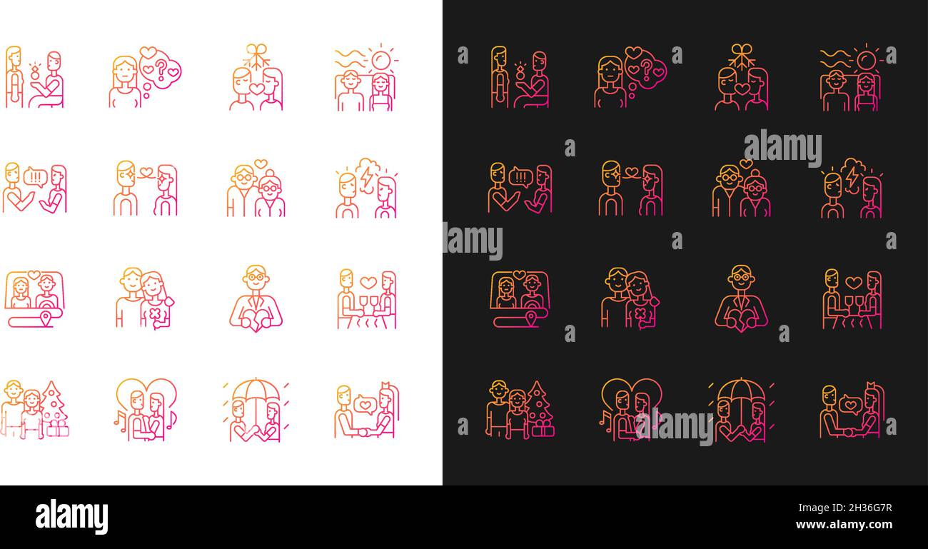 Romance gradient icons set for dark and light mode Stock Vector