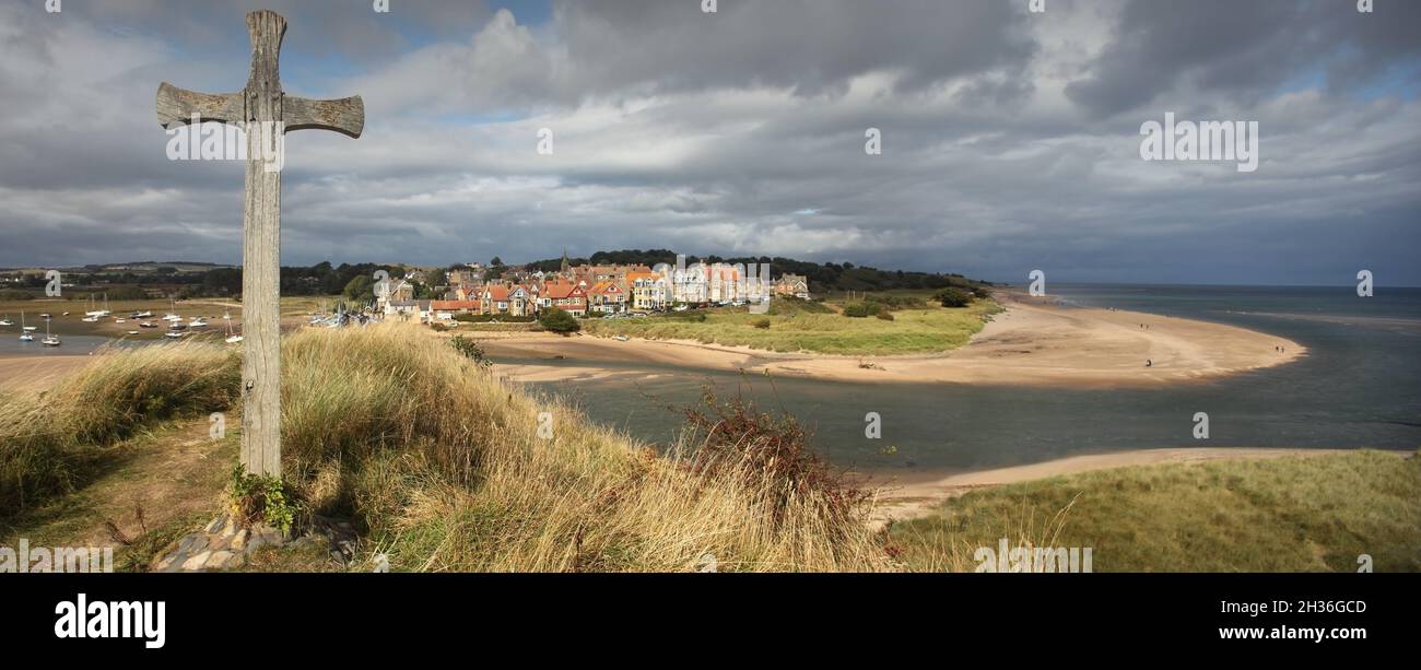 St. Cuthbert's cross and the village of Alnmouth at the mouth of the ...