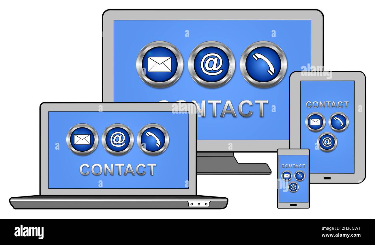 Contact concept shown on different information technology devices Stock Photo