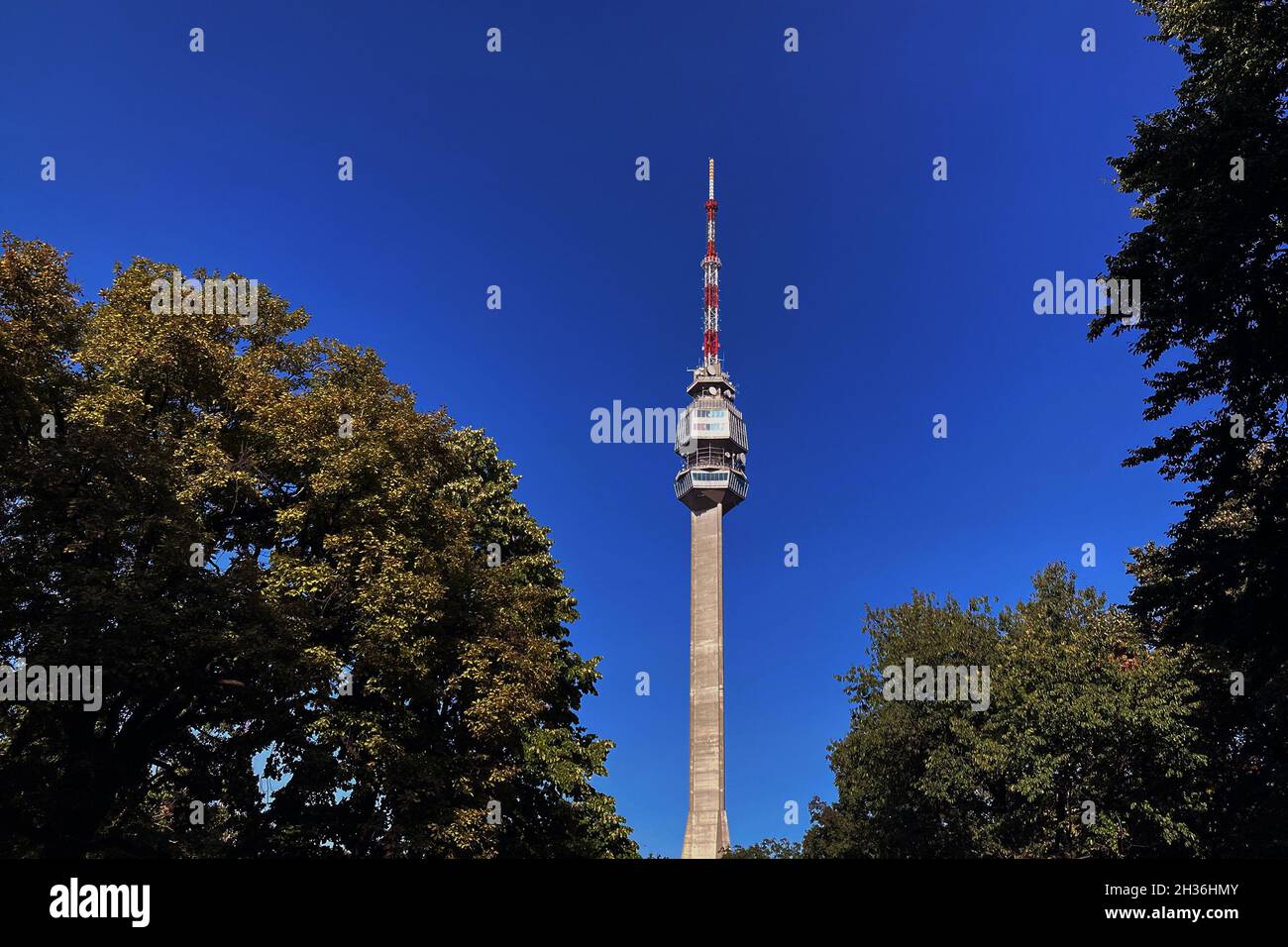 Avala TV tower in Belgrade background blue sky Stock Photo