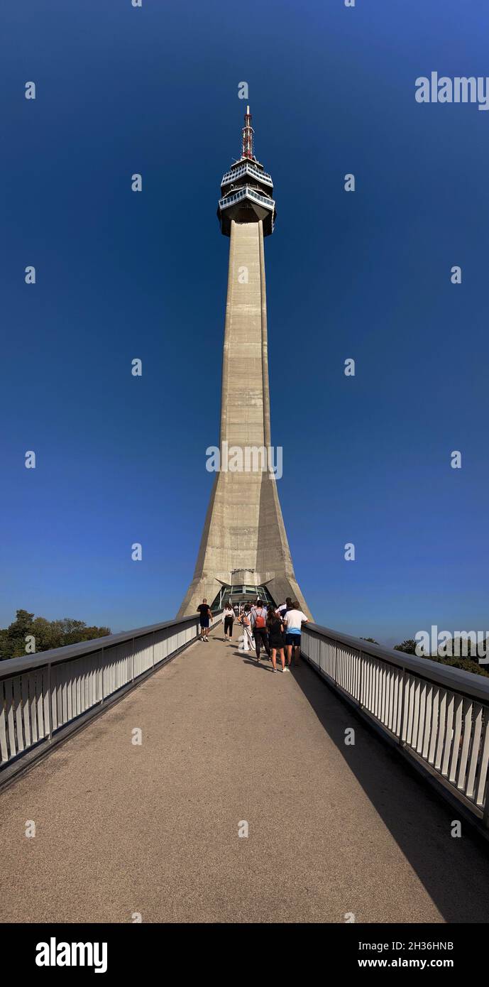 Avala TV tower in Belgrade tourists stand in line Stock Photo