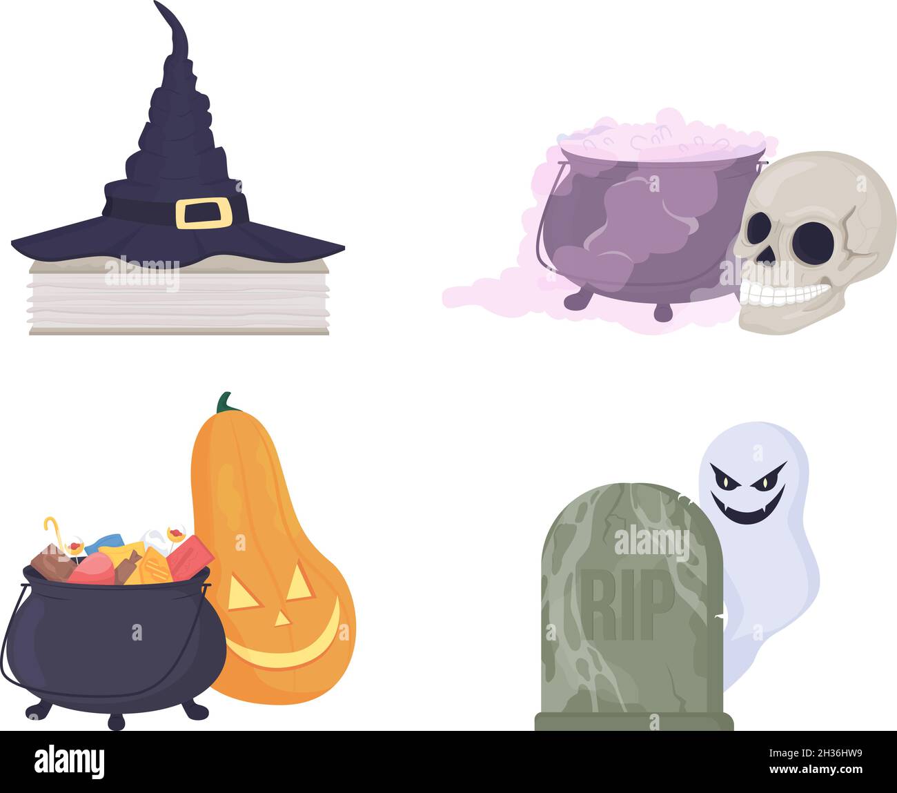 Spooky Halloween decorations semi flat color vector item set Stock Vector