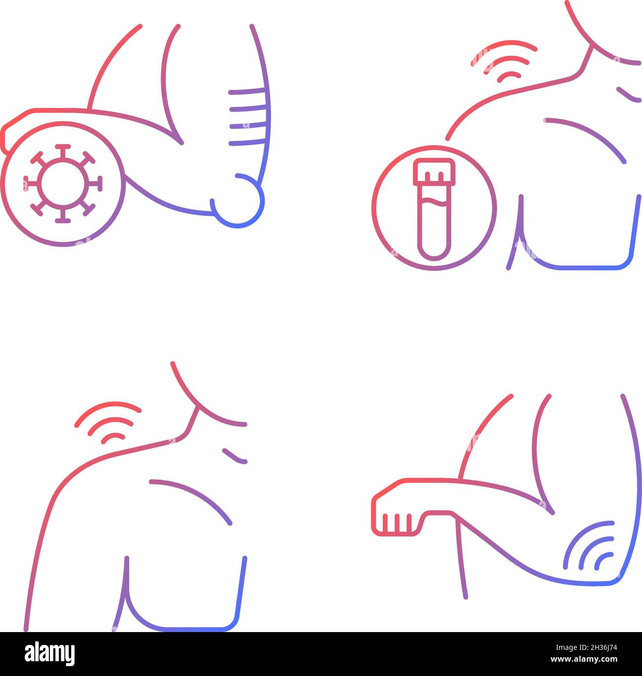Shoulder and elbow pain gradient linear vector icons set Stock Vector
