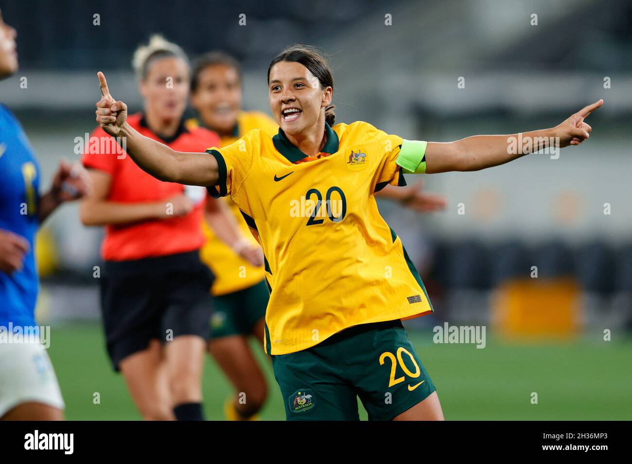 Parramatta Australia 26th Oct 21 Sam Kerr Of Australia Celebrates Scoring The Second Goal During The Women S International Friendly Match Between Matildas Australia Women And Brazil Women At Commbank Stadium Sydney Australia