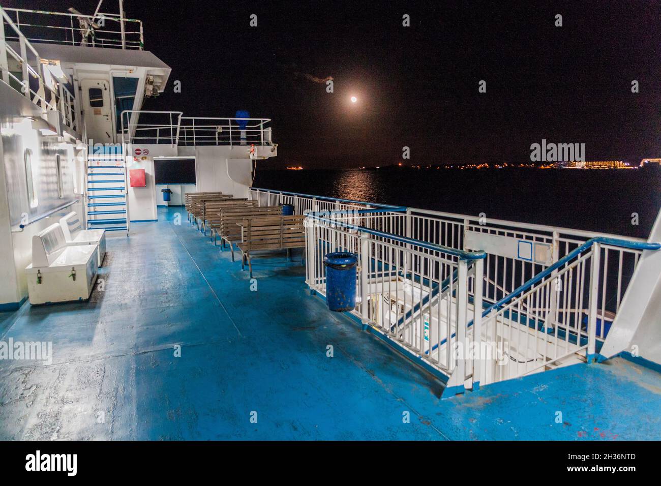Deck of the Ferry from Cirkewwa on Malta island to Mgarr on Gozo. Stock Photo