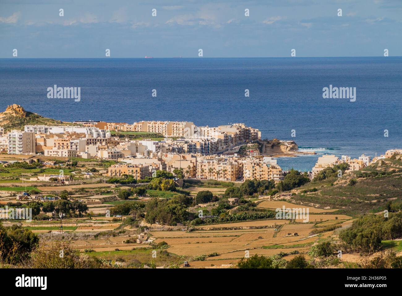 Aerial view of Marsalforn on Gozo island, Malta Stock Photo