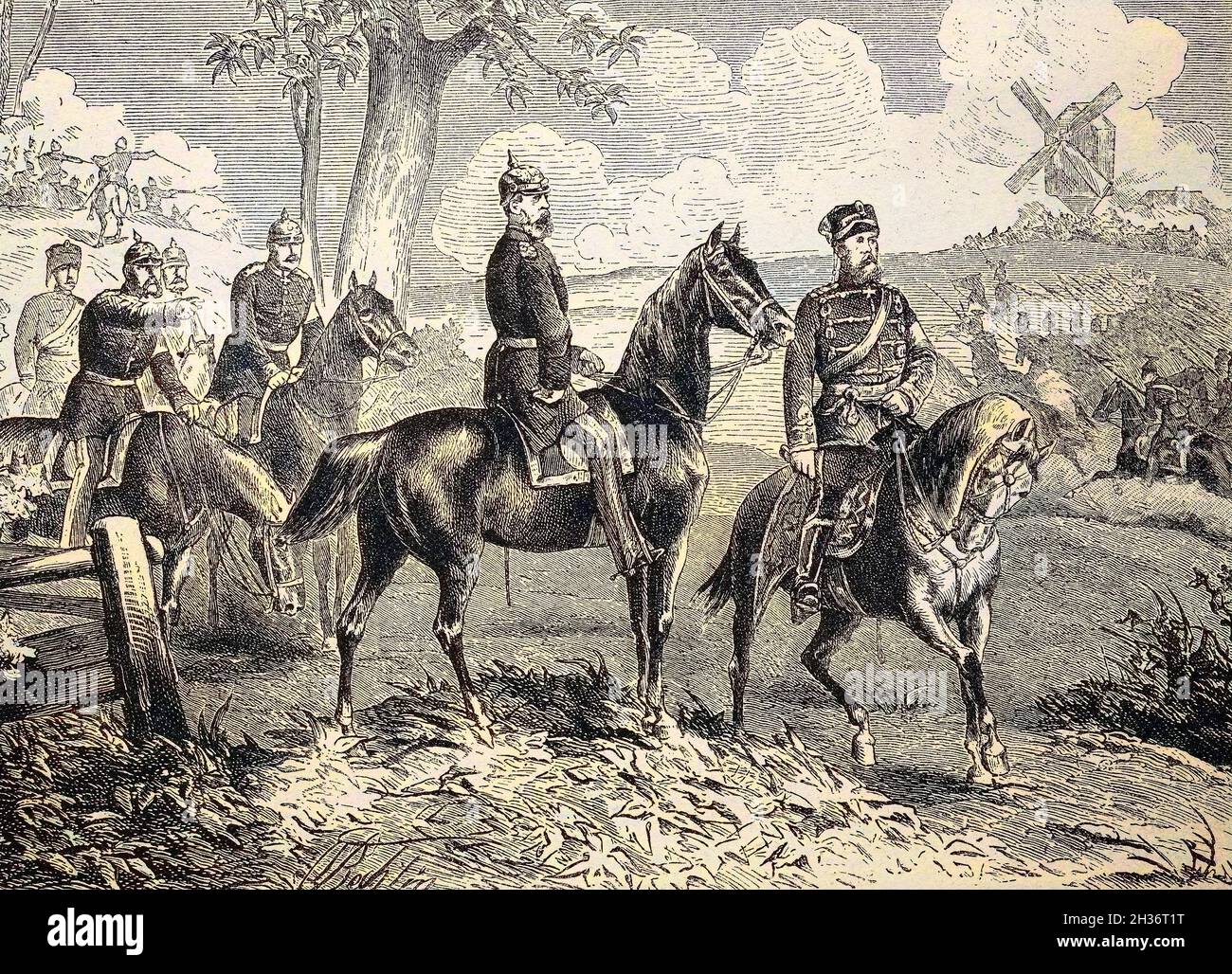 Crown Prince Frederick William and Prince Frederick Charles as referees at the Imperial maneuvers of Berlin in autumn 1876, Germany  /  Kronprinz Friedrich Wilhelm und Prinz Friedrich Karl als Schiedsrichter bei den kaiserlichen Manoevern in Berlin im Herbst 1876, Deutschland, Historisch, historical, digital improved reproduction of an original from the 19th century / digitale Reproduktion einer Originalvorlage aus dem 19. Jahrhundert, Koloriert, Kolorierung, koloriert, handkoloriert, Hand-colouring, hand coloured, colored Stock Photo