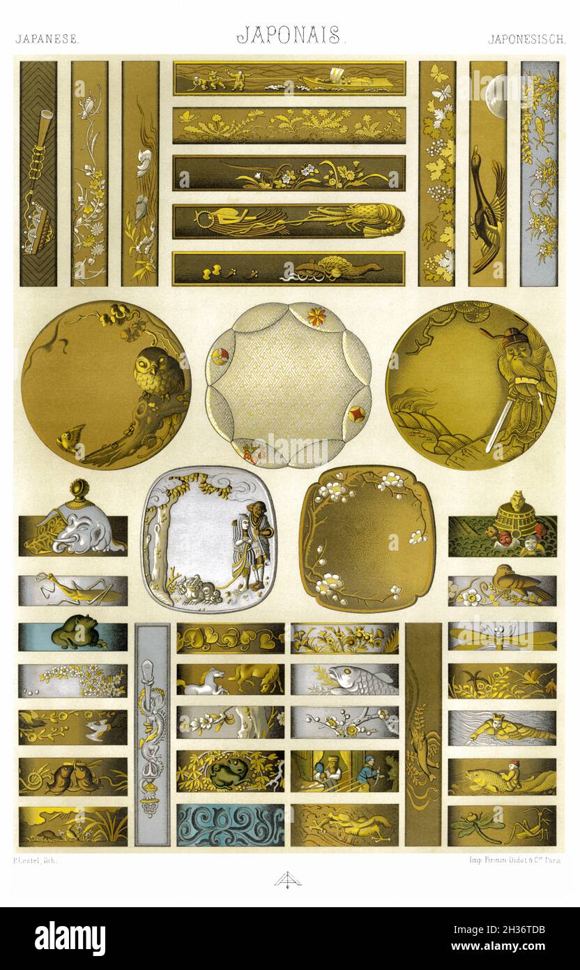 Japan - Decoration in Various Metals - Guards, Rings and Handles of Knives and Swords. - By The Ornament 1880. Stock Photo