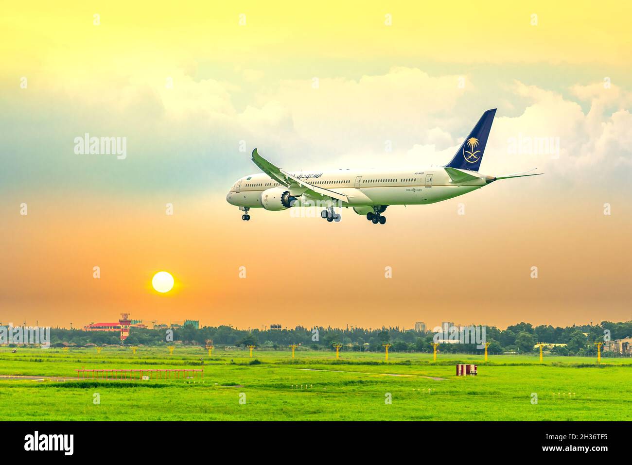 Cargo plane bearing number HZ-AR28 Boeing 787 of Saudi Arabian Airlines landing at Tan Son Nhat International Airport, Ho Chi Minh City, Vietnam Stock Photo