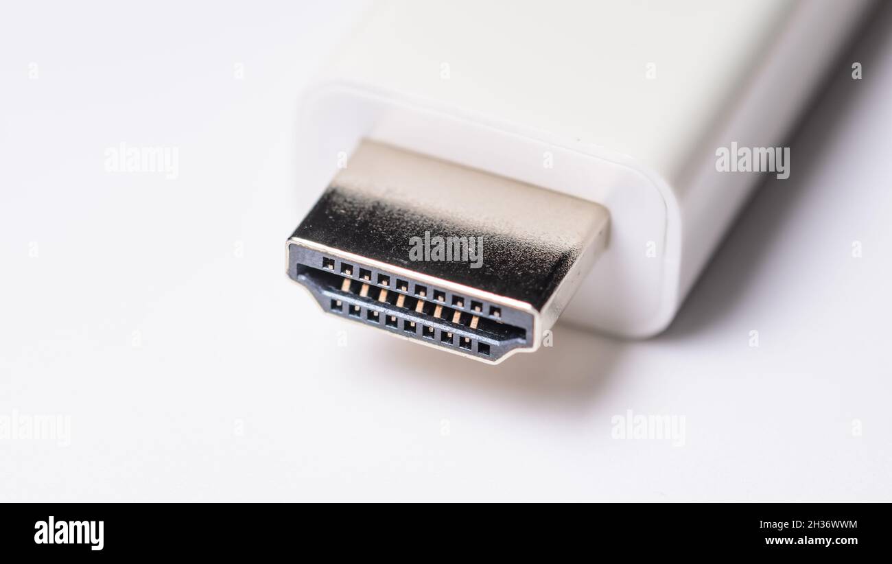 Close-up of High-Definition Multimedia Interface HDMI Type A standard connector and audio video interface on white background Stock Photo