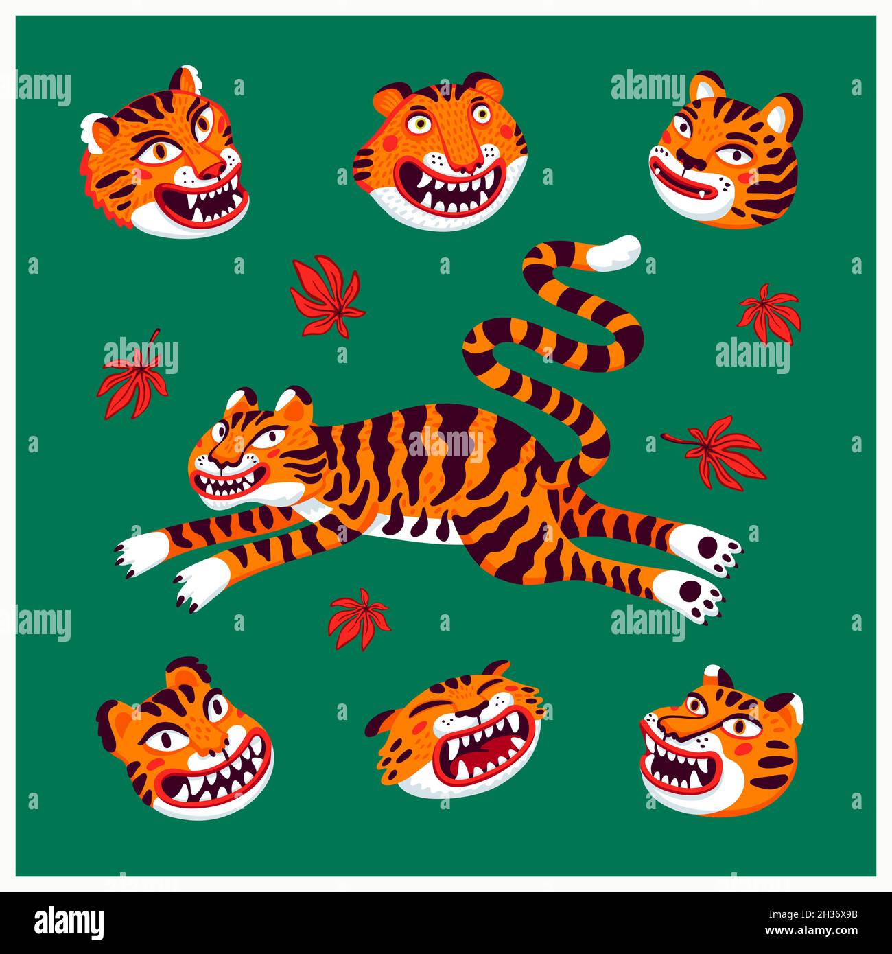 Tiger vector set, jumping tiger and tiger heads in cartoon Asian style. Organic flat style vector illustration.. Stock Vector