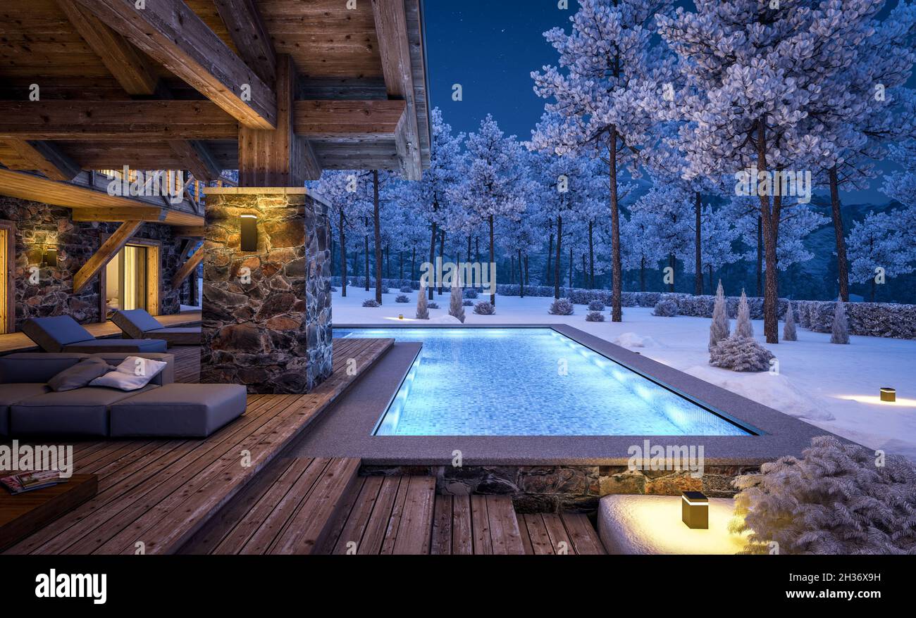3d Rendering Of Modern Cozy Chalet With Pool And Parking For Sale Or