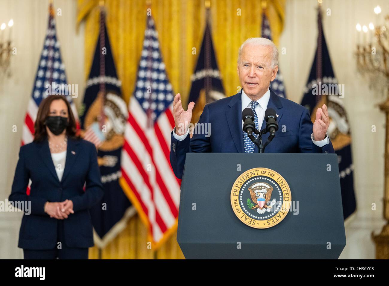 WASHINGTON DC, USA - 10 August 2021 - US President Joe Biden delivers remarks on the passing of the bipartisan Infrastructure Investment and Jobs Act, Stock Photo