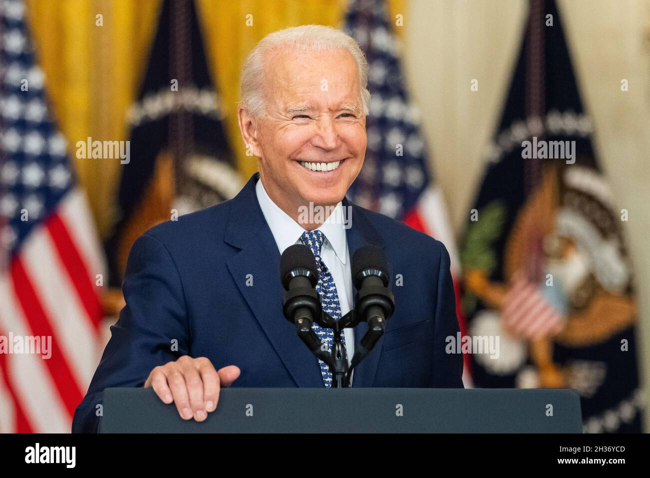 WASHINGTON DC, USA - 10 August 2021 - US President Joe Biden delivers remarks on the passing of the bipartisan Infrastructure Investment and Jobs Act, Stock Photo