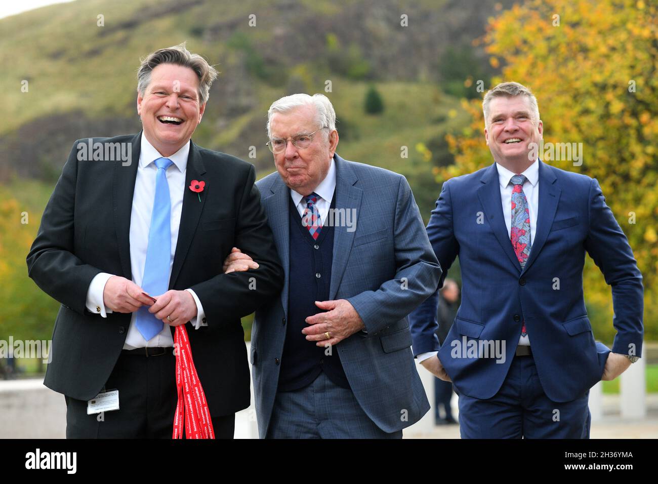 Edinburgh Scotland, UK October 26 2021. Acting President M. Russell Ballard a member of the Quorum of the Twelve Apostles arrives  at the Scottish Parliament and is met by MSP Stephen Kerr. credit sst/alamy live news Stock Photo