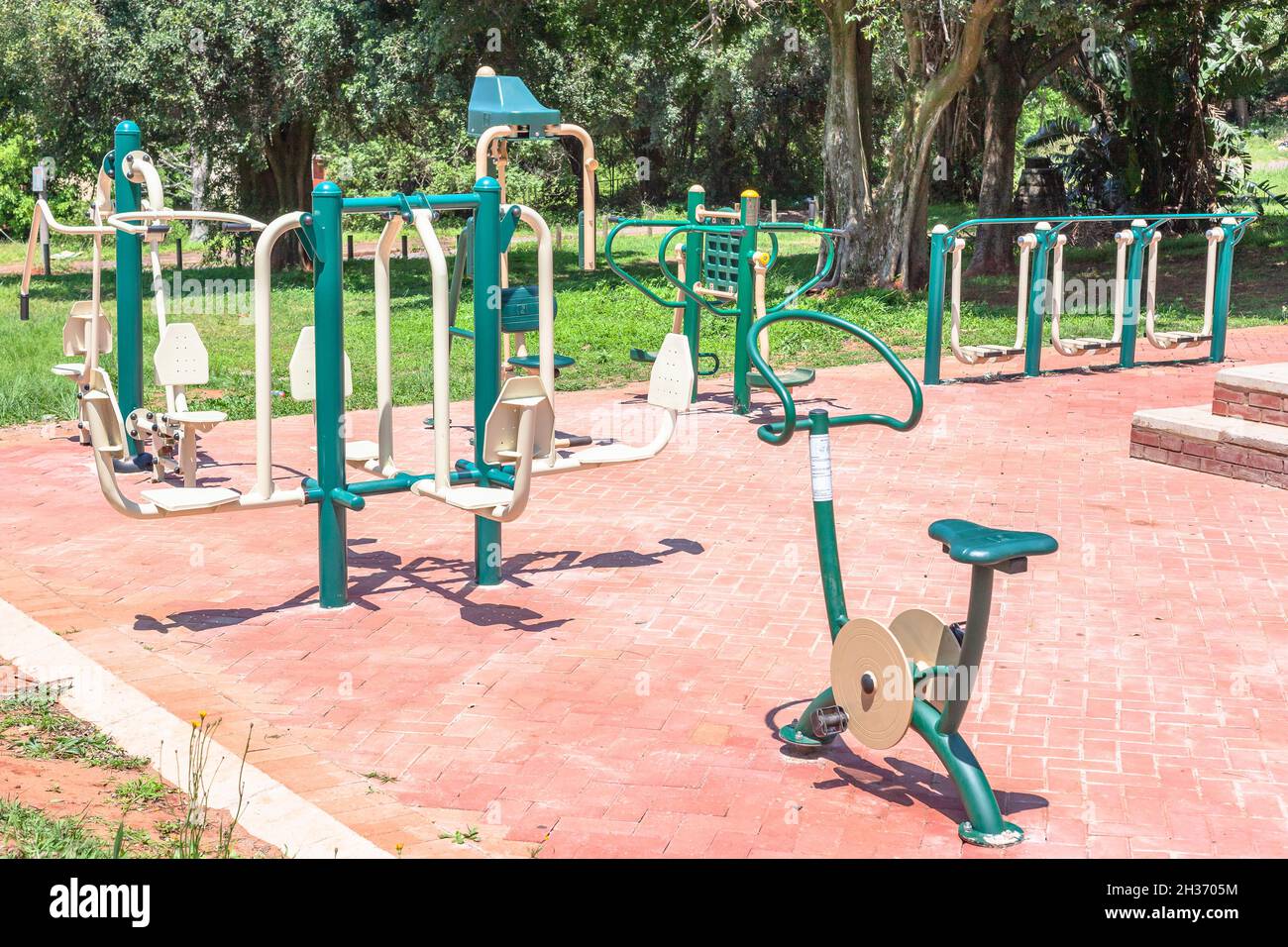Fitness gym machines setup outdoors park summer green layout for healthy training exercise for