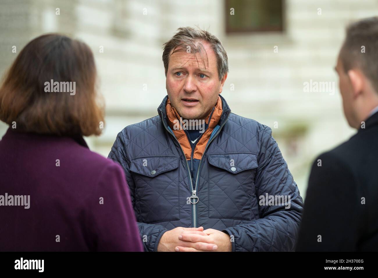 London, UK.  26 October 2021.  Richard Ratcliffe, husband of detained British-Iranian aid worker Nazanin Zaghari-Ratcliffe, on day 3 of his hunger strike outside the Foreign and Commonwealth Office demanding that the UK government tries to do more to secure her release.  Mrs Zaghari-Ratcliffe has been held in Iran since 2016 and has not seen her daughter for two years and faces a return to prison.  Credit: Stephen Chung / Alamy Live News Stock Photo