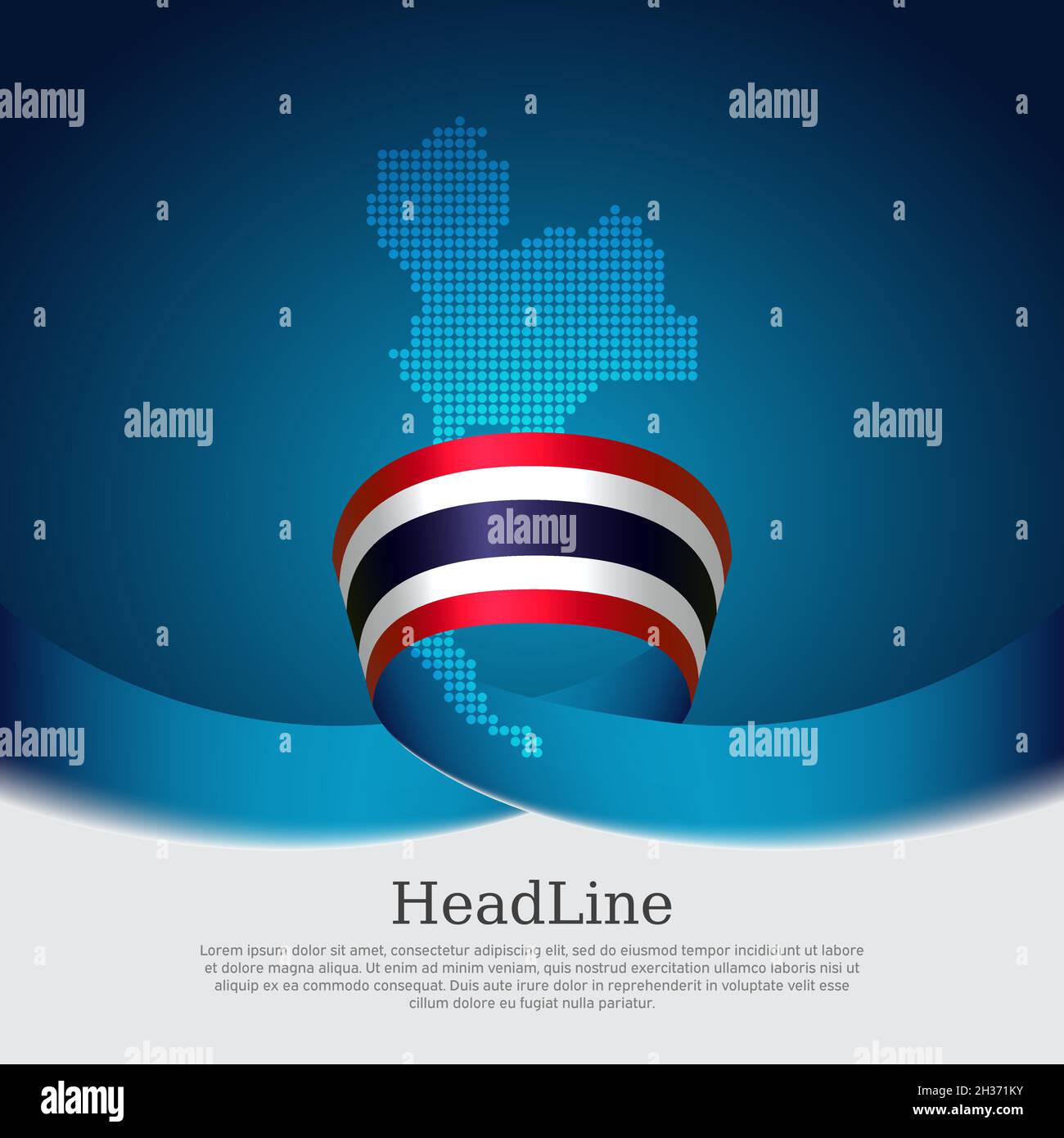Thailand flag, mosaic map on blue white background. Wavy ribbon with the thai flag. Vector banner design, thailand national poster. Cover for business Stock Vector