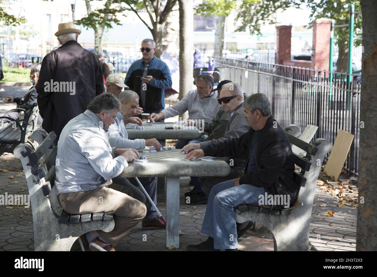 Senior citizen men gather in Leif Ericson Park to play dominoes and hang out in Brooklyn, New York. Stock Photo