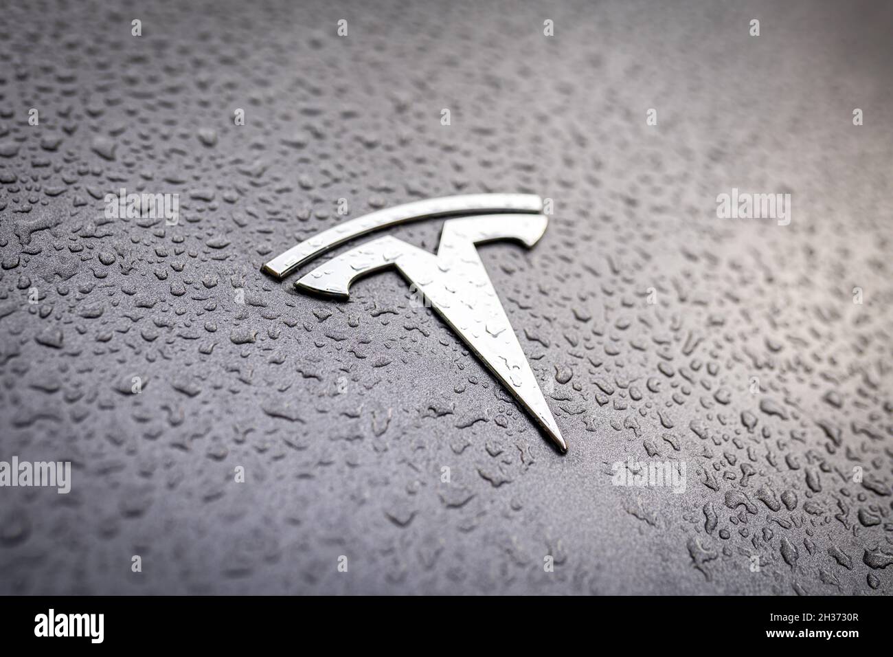 Tesla brand logo on a grey car with raindrops close-up. Silver badge with water droplets. Tesla Motors is an American company that manufactures modern electric cars. Warsaw, Poland - October 23, 2021 Stock Photo