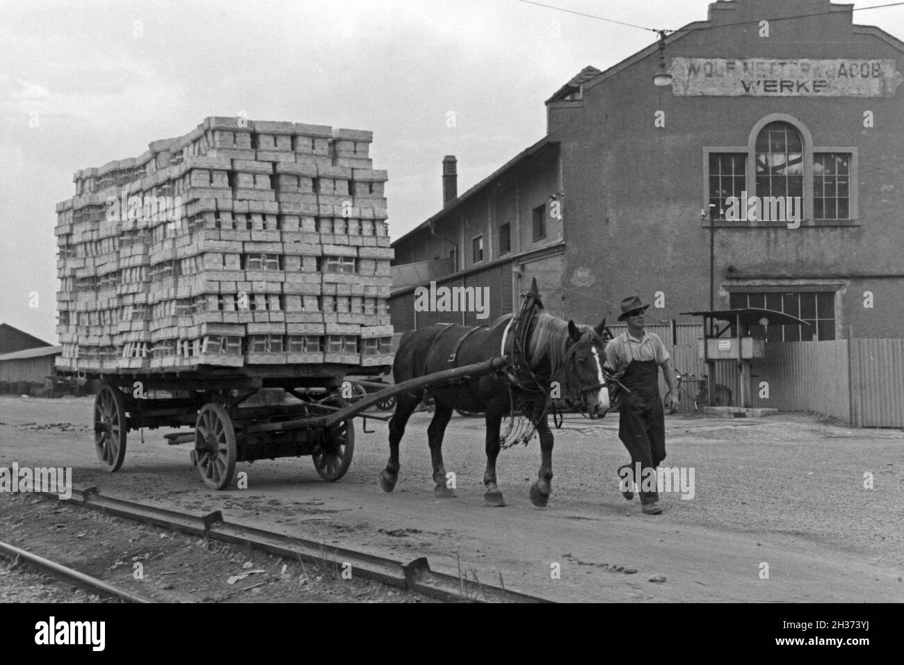 Ein Bauer bringt seine Erdbeerernte zum Verladen zum Bahnhof Bühl, Deutschland 1930er Jahre. A farmer bringing his strawberry harvest fro loading to train to Buehl station, Germany 1930s. Stock Photo