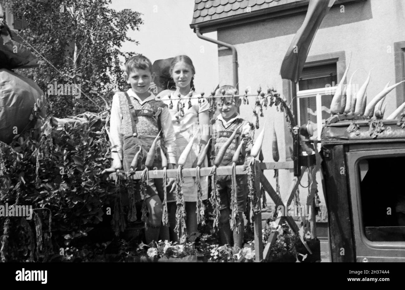 Kinder auf einem Festwagen im Festumzug beim Rettichfest in Schifferstadt, Deutschland 1930er Jahre. Children on a parade float at the pageant of the annual radish fair at Schifferstadt, Germany 1930s. Stock Photo