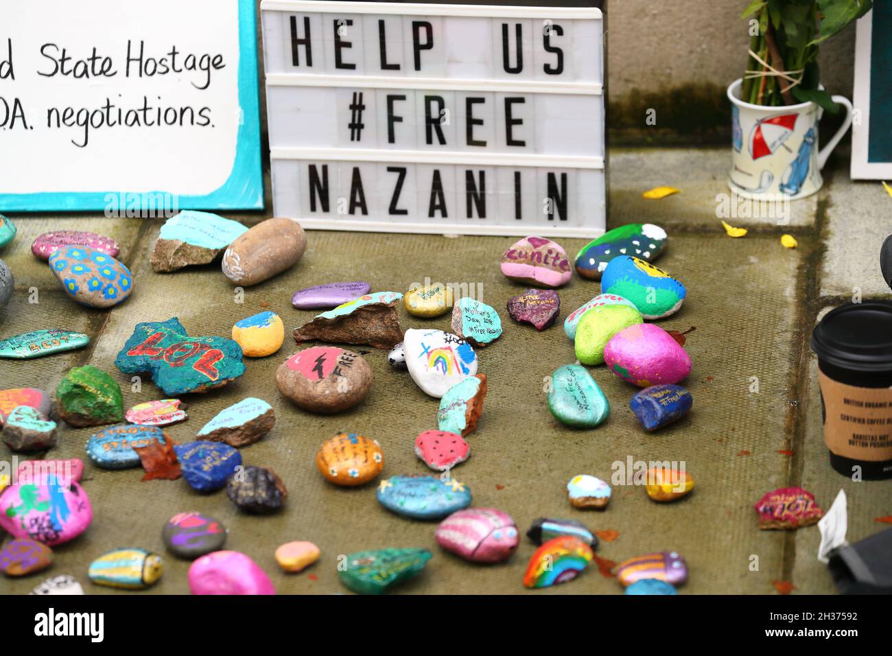London, UK. 26th Oct, 2021. London, UK, October 26th. Painted pebbles with messages of support for detained Nazanin Zaghari-Ratcliffe. Credit: Uwe Deffner/Alamy Live News Stock Photo