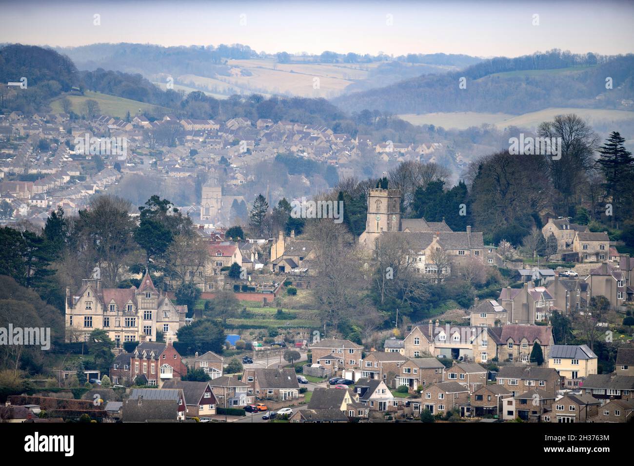 The parish of Rodborough with St Mary Magdalene Church and Stroud town centre behind, Gloucestershire Stock Photo