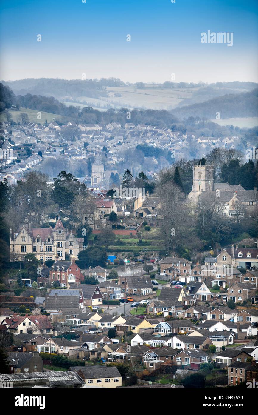 The parish of Rodborough with St Mary Magdalene Church and Stroud town centre behind, Gloucestershire. Stock Photo