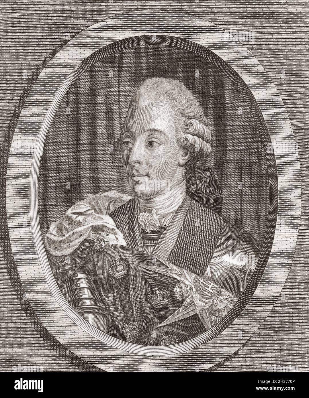 Gustav III,  1746 - 1792, King of Sweden.  Also called Gustavus III.  He was assassinated.  After an engraving by Duchenne from a work by Rathlin. Stock Photo