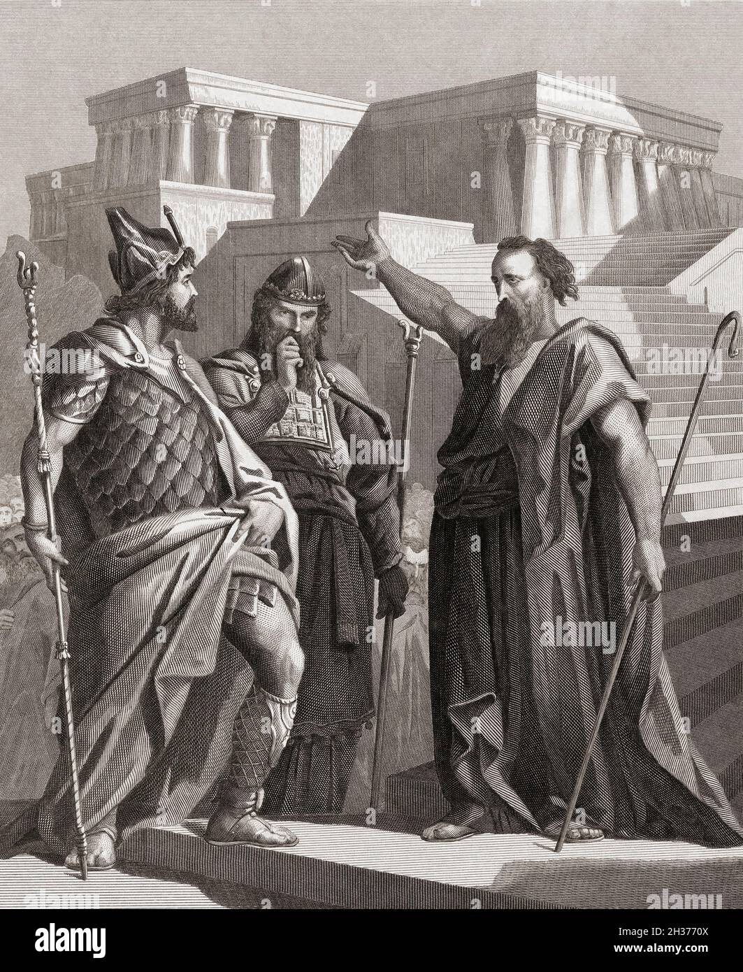 The Hebrew prophet Haggai exhorts Governor Zerubbabel and the High Priest Joshua to begin the building of Jerusalem's Second Temple.  After a 19th century work by Jan Reckleben Stock Photo