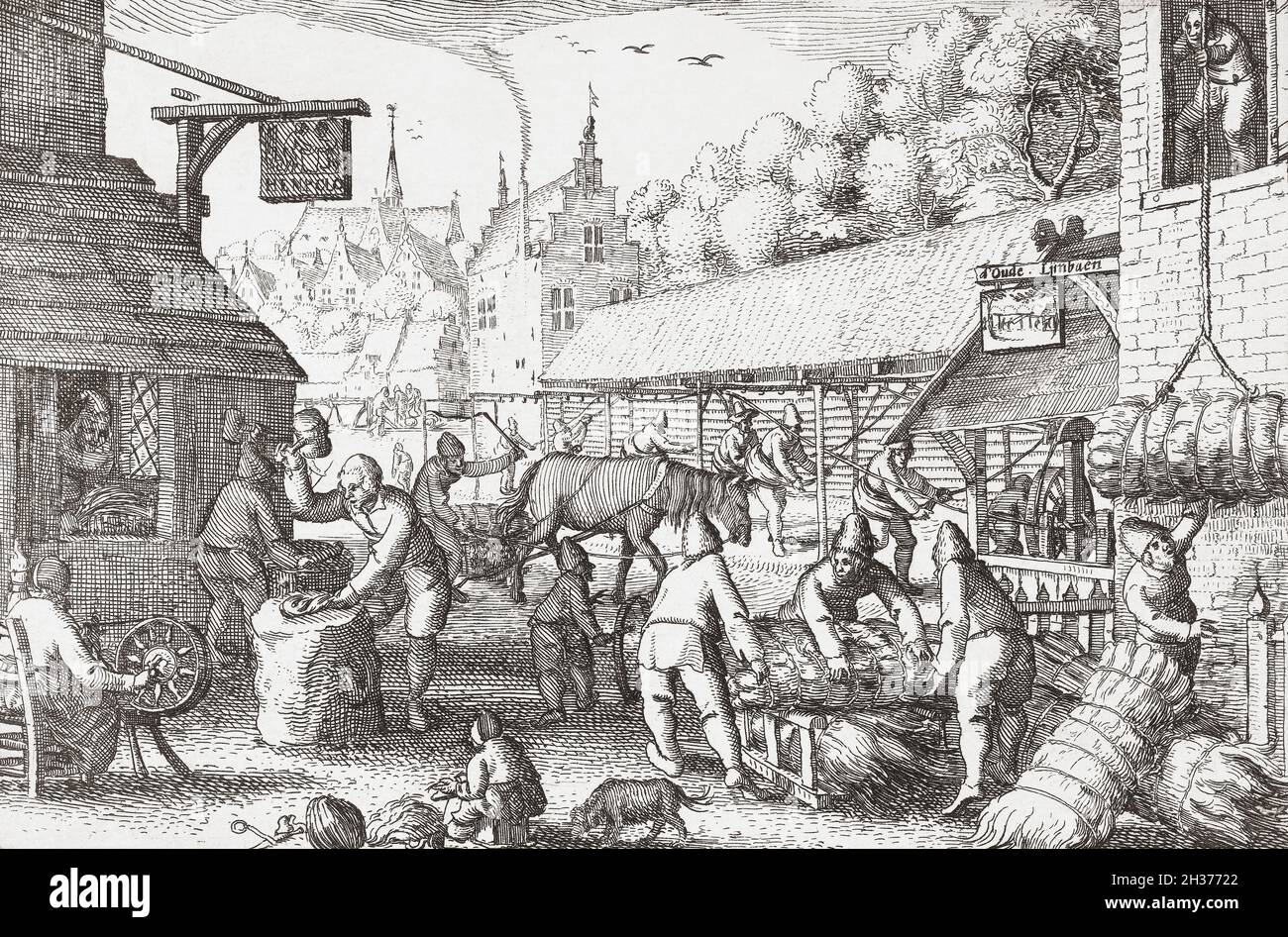 Dutch villagers in the early 17th century working at the town industry of rope making from locally grown hemp.  After a print by Claes Jansz Visscher (II). Stock Photo