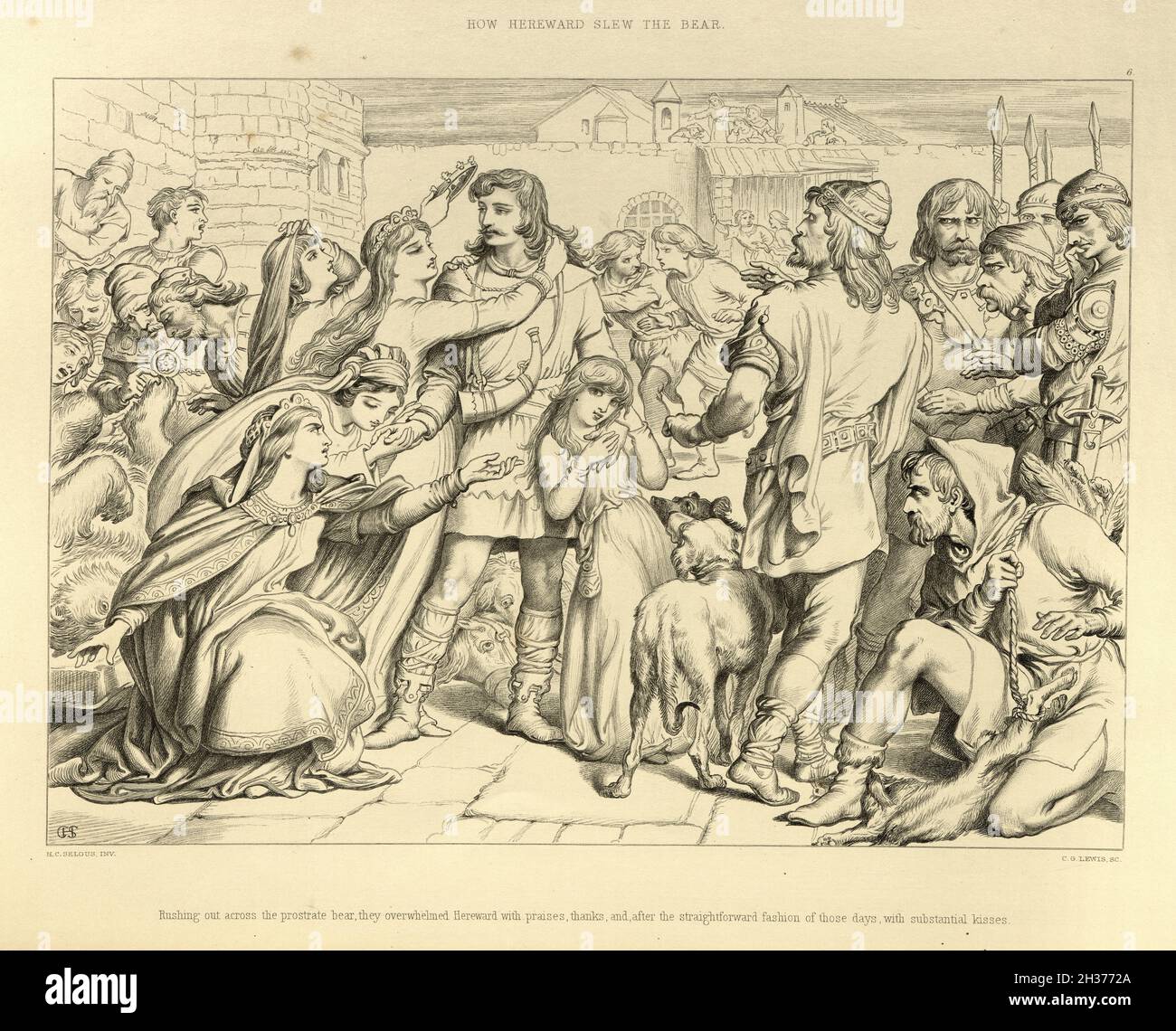 Hereward the Wake, illustration by Henry Courtney Selous. How Hereward slew the bear Stock Photo