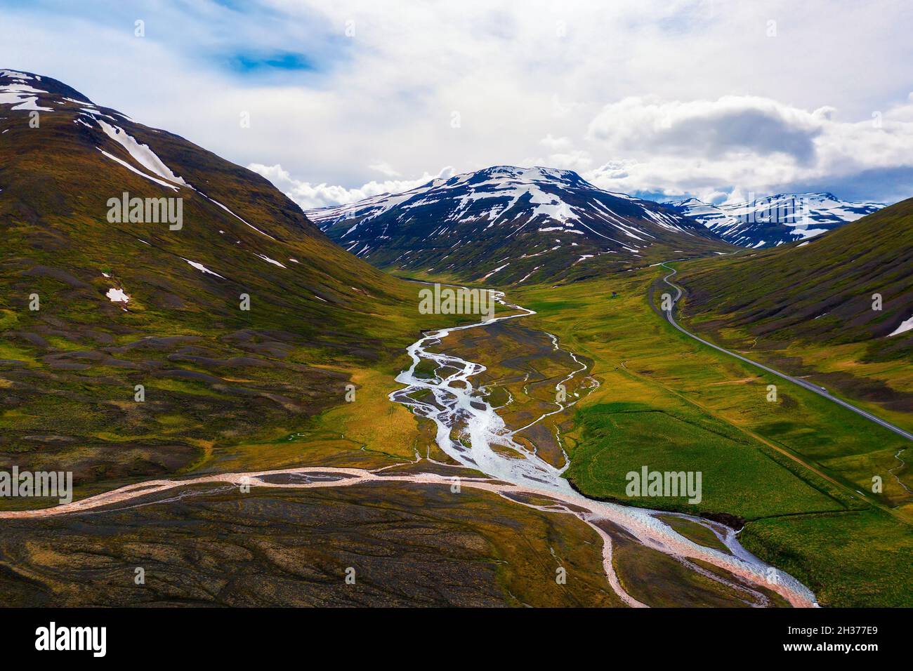 Aerial view of a road going through icelandic landscape Stock Photo