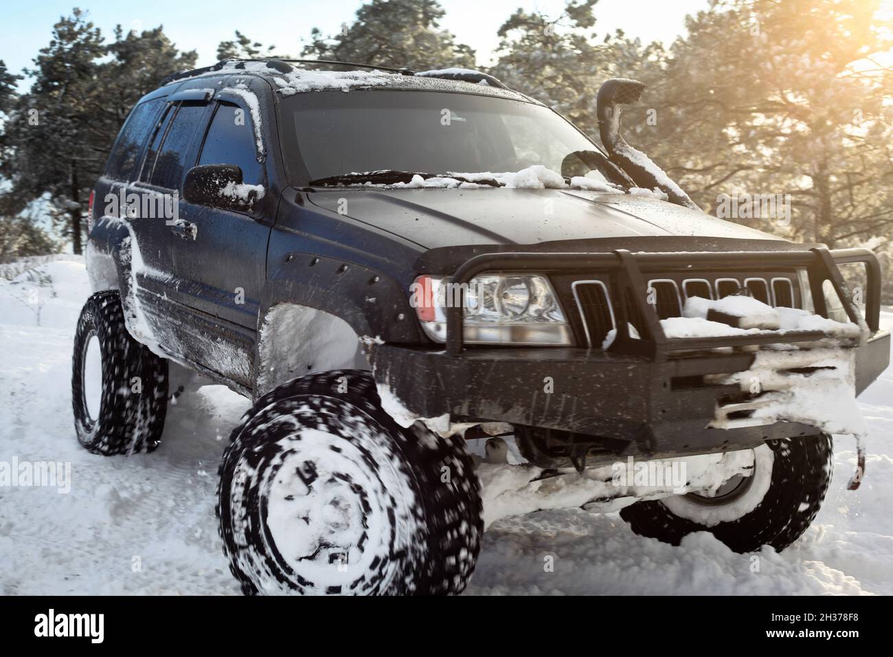 One SUV 4x4 cars go on snowy road, winter season, very cold, Istanbul Turkey, January 1, 2016 Stock Photo