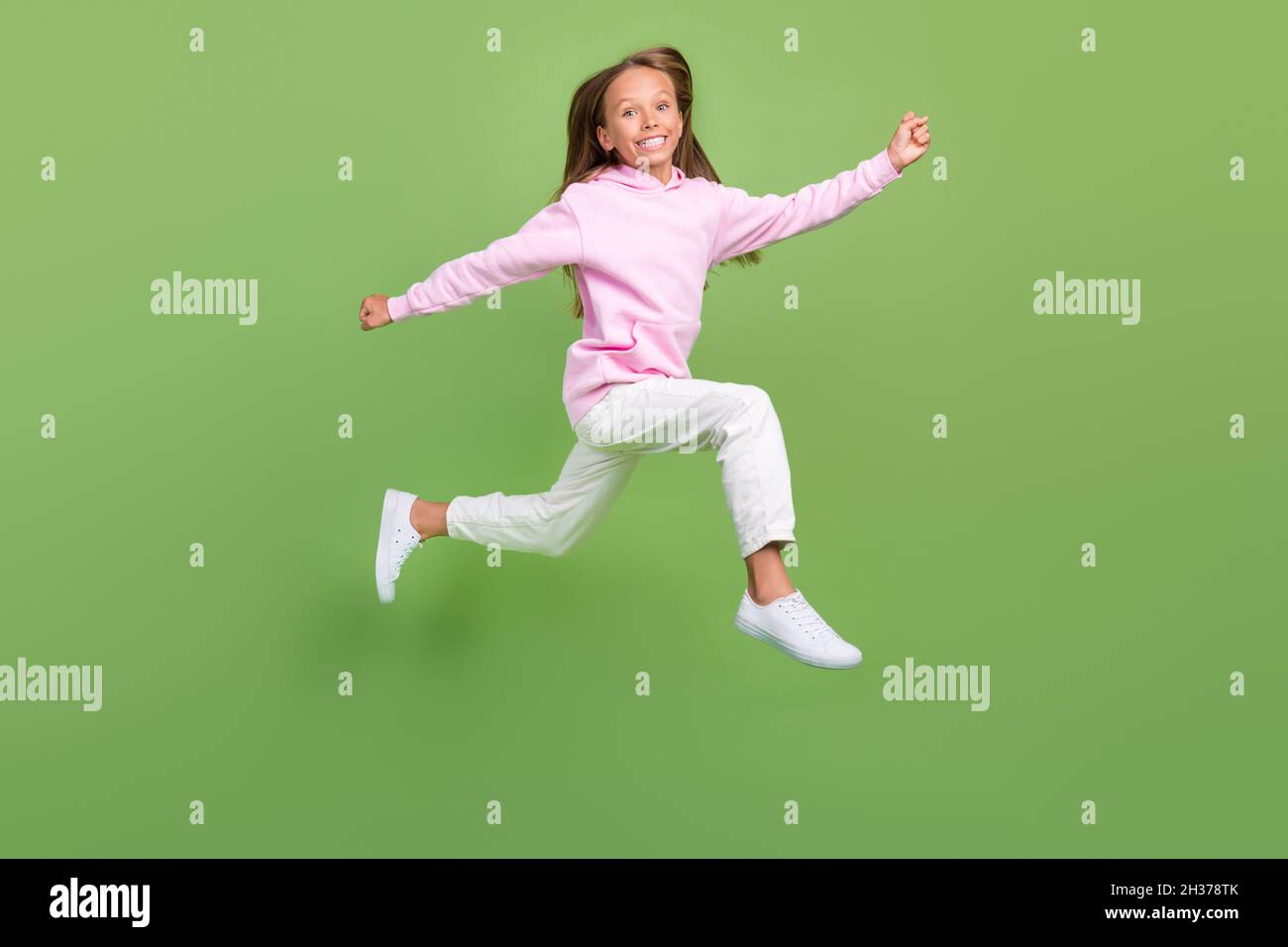 Full body photo of cool little blond girl run wear sweatshirt trousers ...