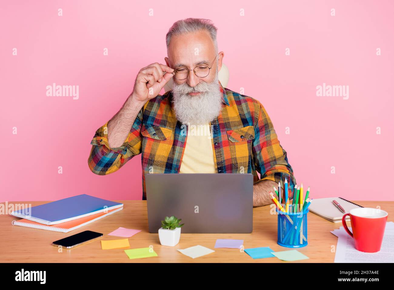 Portrait of attractive cheery intelligent grey-haired man nerd learning ...