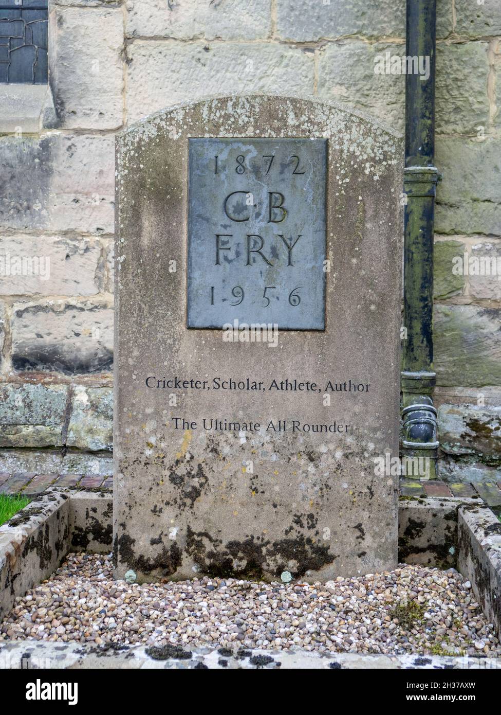 Headstone of cricketer C B Fry, 1872-1956, in the churchyard of St Wystans, Repton, Derbyshire, UK Stock Photo